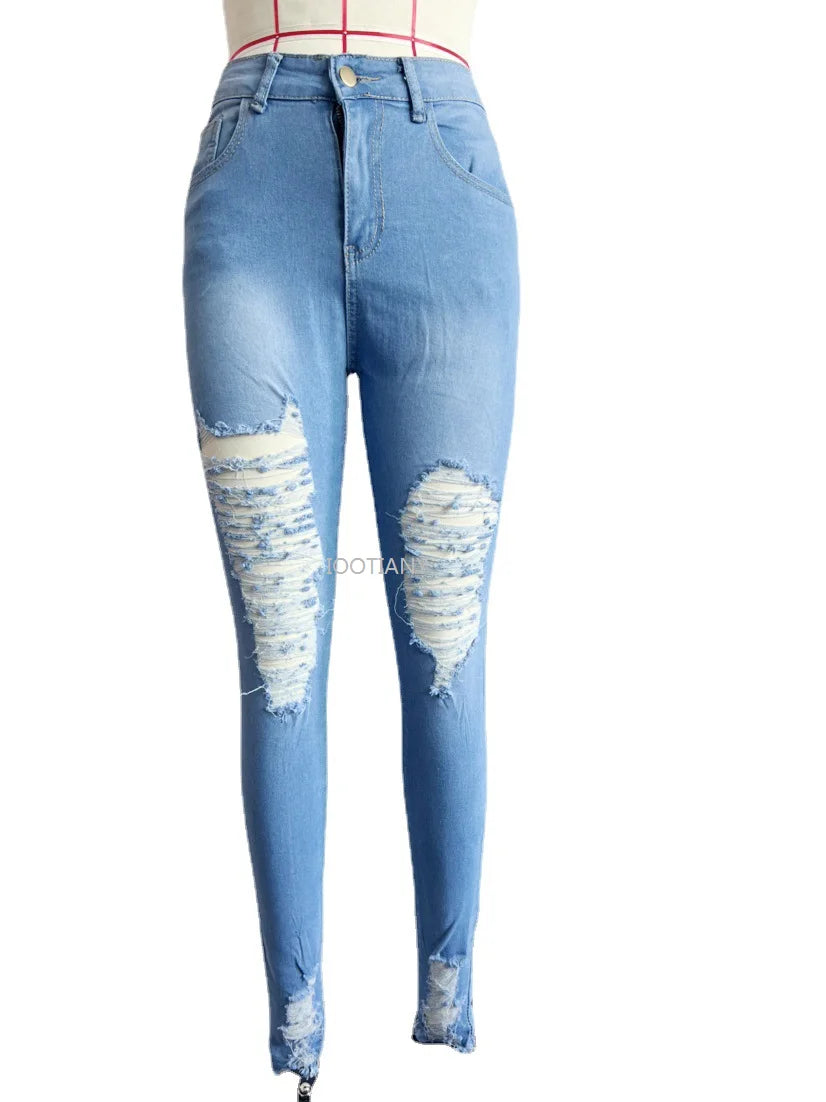 New Trendy Casual High Street Ripped Pencil Jeans Mid Waist Ripped Pocket Design Regular Stretchy Denim Pants Calf Pants