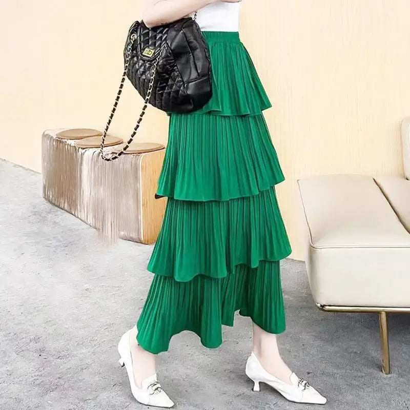 Color High-waisted Pleated Cake Skirt For Spring Summer Women 4 Layered Ruffles A-line Skirt Casual Solid