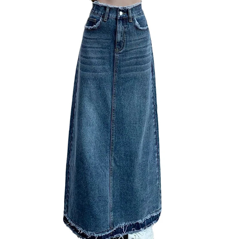 Summer Street Style Rough Edge Skirt Korean Version Women Retro Casual High-waisted A-line Skirt Temperament Loose Denim Skirts