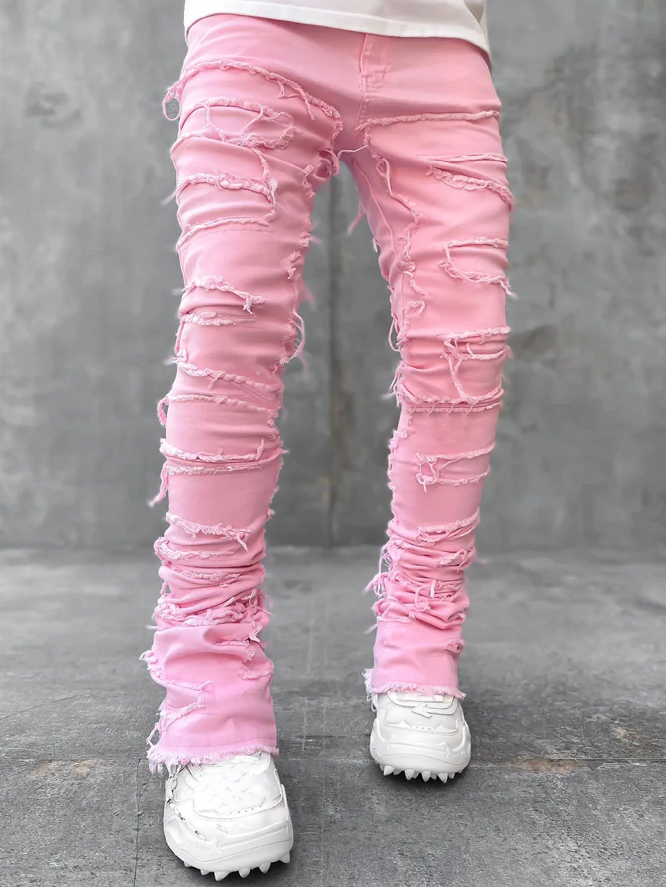 2025 New Fashion Purple jeans man with distressed hole patches Fashion Repair Low Rise Skinny Tassel Full Length Denim pants XXL