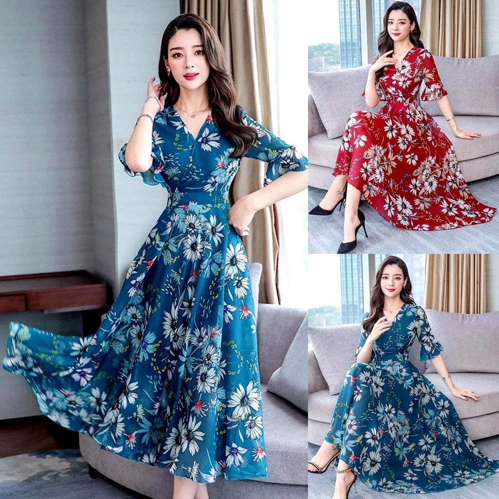 Women'S Fashion Floral Print Dresses Long Casual  A-Line Print V-Neck Slim Short Sleeve Waist Cinching Women'S Dress Frocks