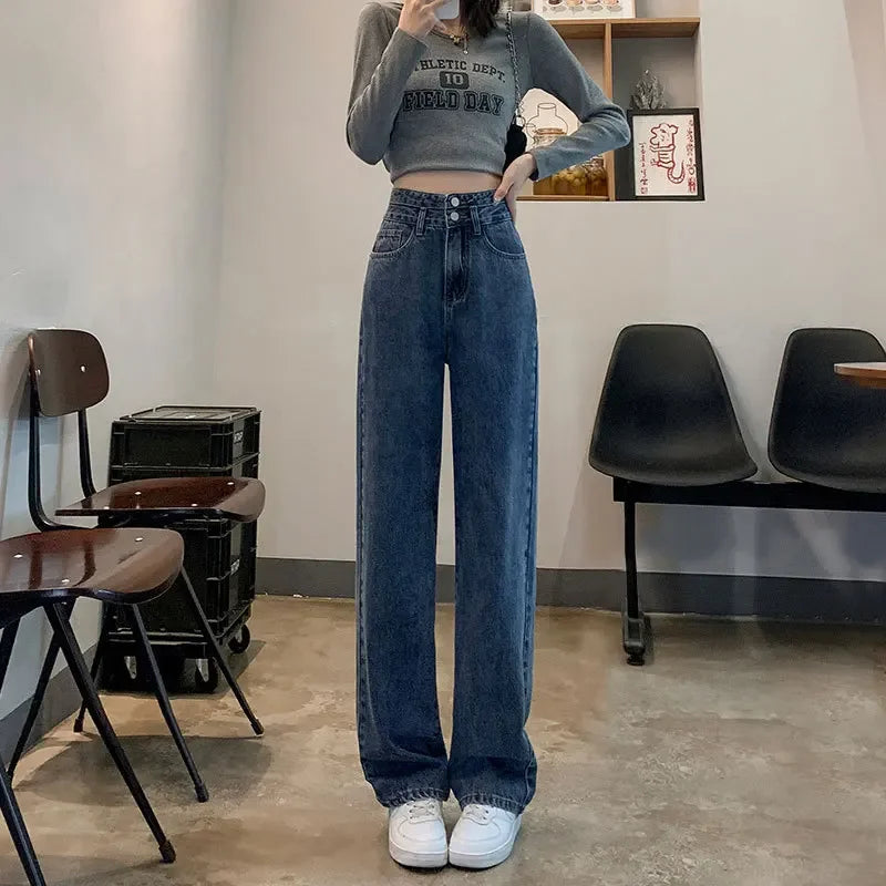 Double-button High-waisted Straight Leg Jeans, Women's Spring and Autumn New Casual Wide-leg Pants, Loose Floor-length Jeans