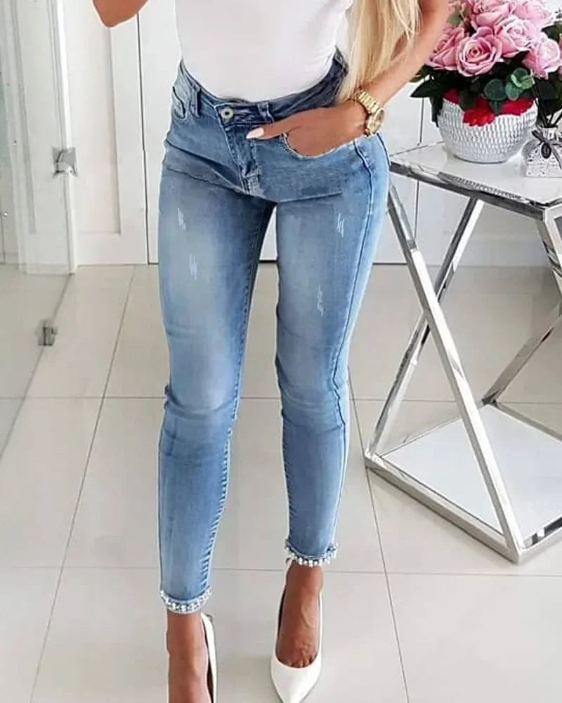 Butterfly Sticky Flower Nail Bead Slit Small Foot Pencil Jeans, Women's Spring and Autumn New Fashion Slimming Long Pants Jeans