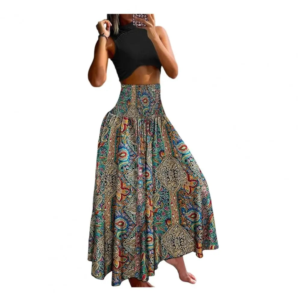 Women Maxi Skirt High Waist Wide Elastic Waist A-Line Retro Printed Skirt Summer Loose Fit Long Skirt Streetwear Платье Maxi