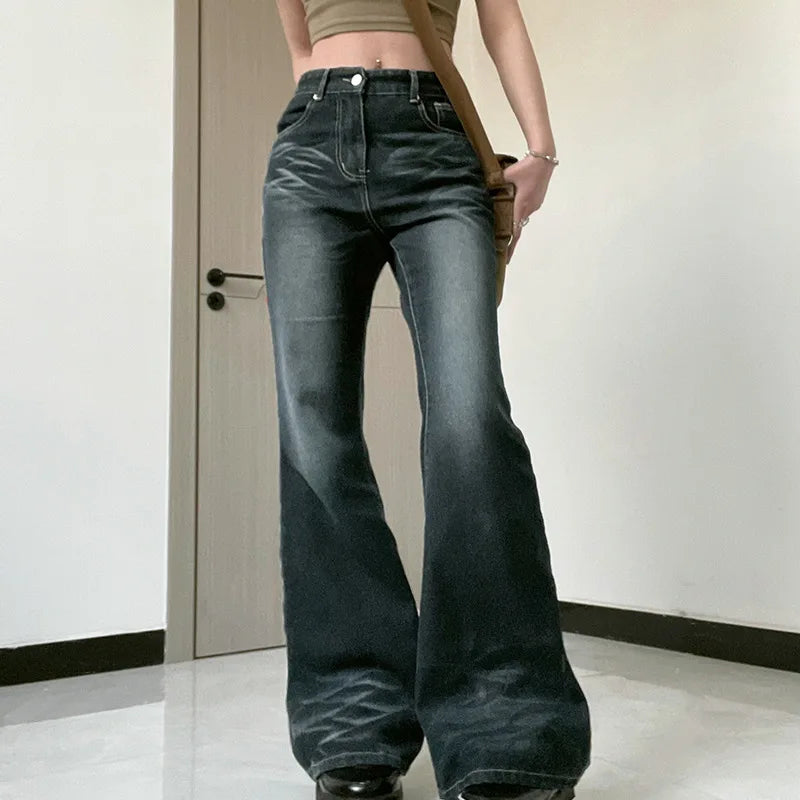 Washed Jeans Women Vintage Denim Flare Pants 2024 Autumn Casual Distressed Denims Female Streetwear Trousers Floor Length