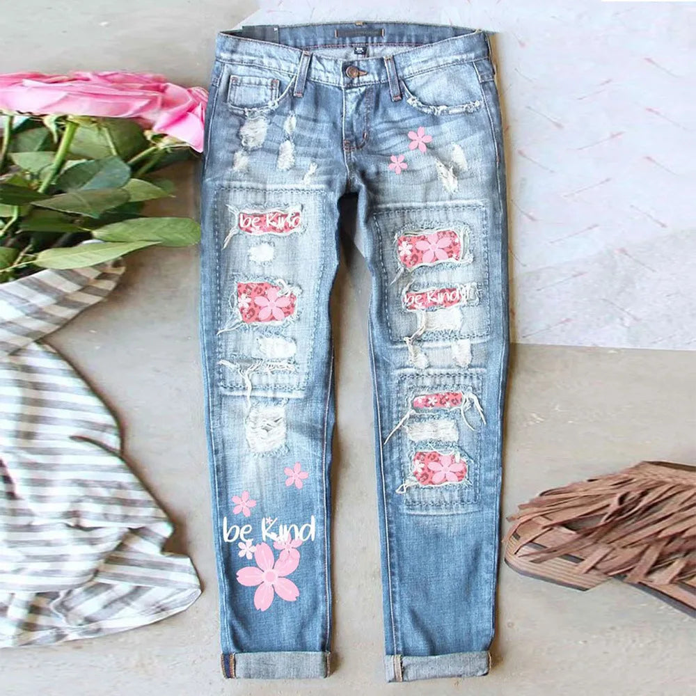 European and American New Ripped Straight Leg Jeans, Women's Street Personality Printed Cloth Casual Jeans, Spring and Autumn