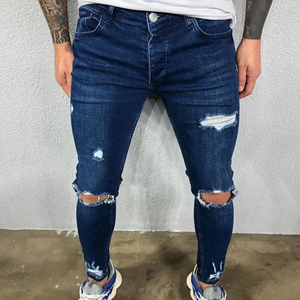 Men's Jeans Streetwear Ripped Skinny Hip Hop Man Fashion Estroyed Oversize Pants Solid Color Male Stretch Casual Denim Trousers