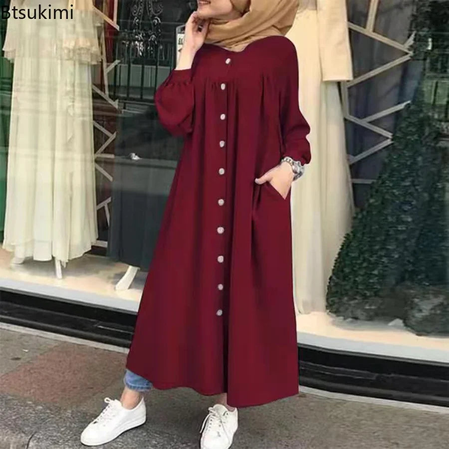 Plus Size 4XL 5XL Women's Casual Muslim Dress Button Solid Long Sleeve Shirt Dress Pocket Robe Abayas for Women Open Abaya Dress