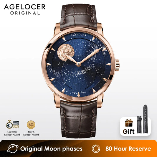 AGELOCER Original Astronomer Watch Men's Business Luxury Gold Watch Automatic Mechanical Moon Phase Watch Birthday Gift for Men