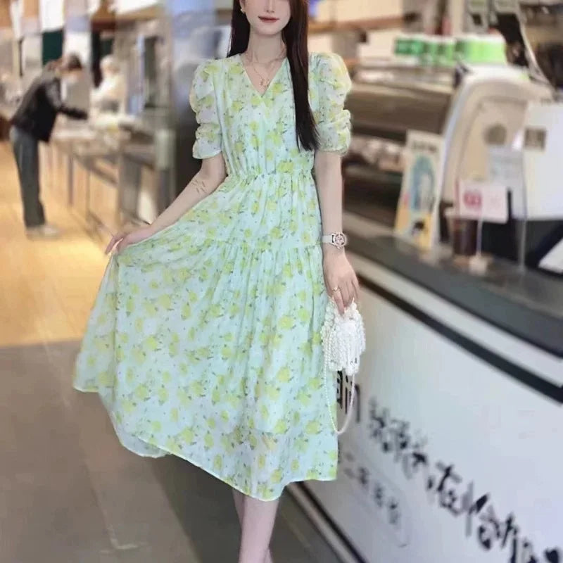 Cheap French Sweet Floral Dress Women V Neck Puff Sleeve Summer Chiffon Dress Summer Bohemian Print A-line Midi Dress In stock