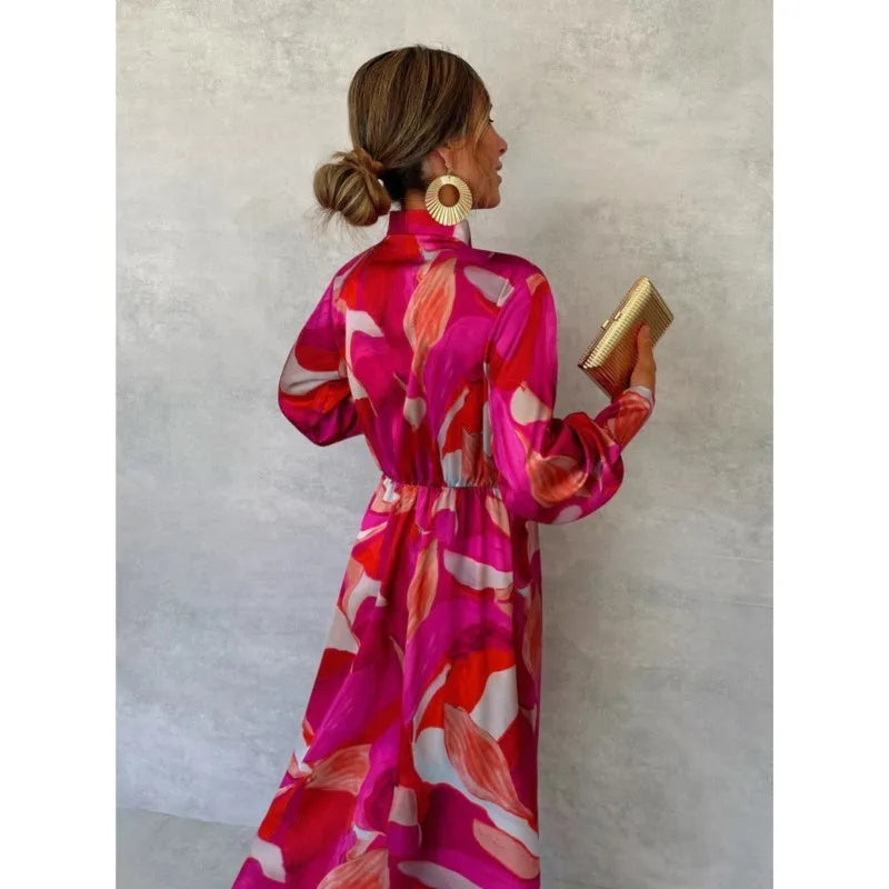 Pink Printed Women's Long Sleeved Dress Autumn New V-neck Cross Tie Lantern Sleeve Irregular Women's Long Dress 2024 Vestido