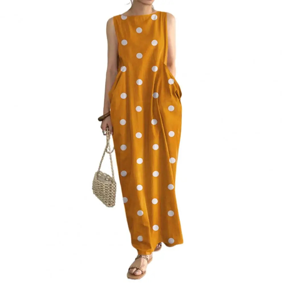 Loose Maxi Dress Summer Maxi Dress with Dot Print O Neck Big Pockets for Women Soft Ankle Length Beach