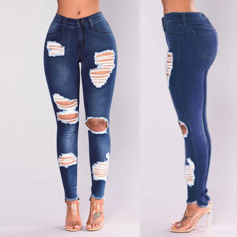 Europe and America Spring New High-waist Elastic Force Hole Break Small Feet Pants Jeans, Fashion Hip Lift Pencil Jeans Women