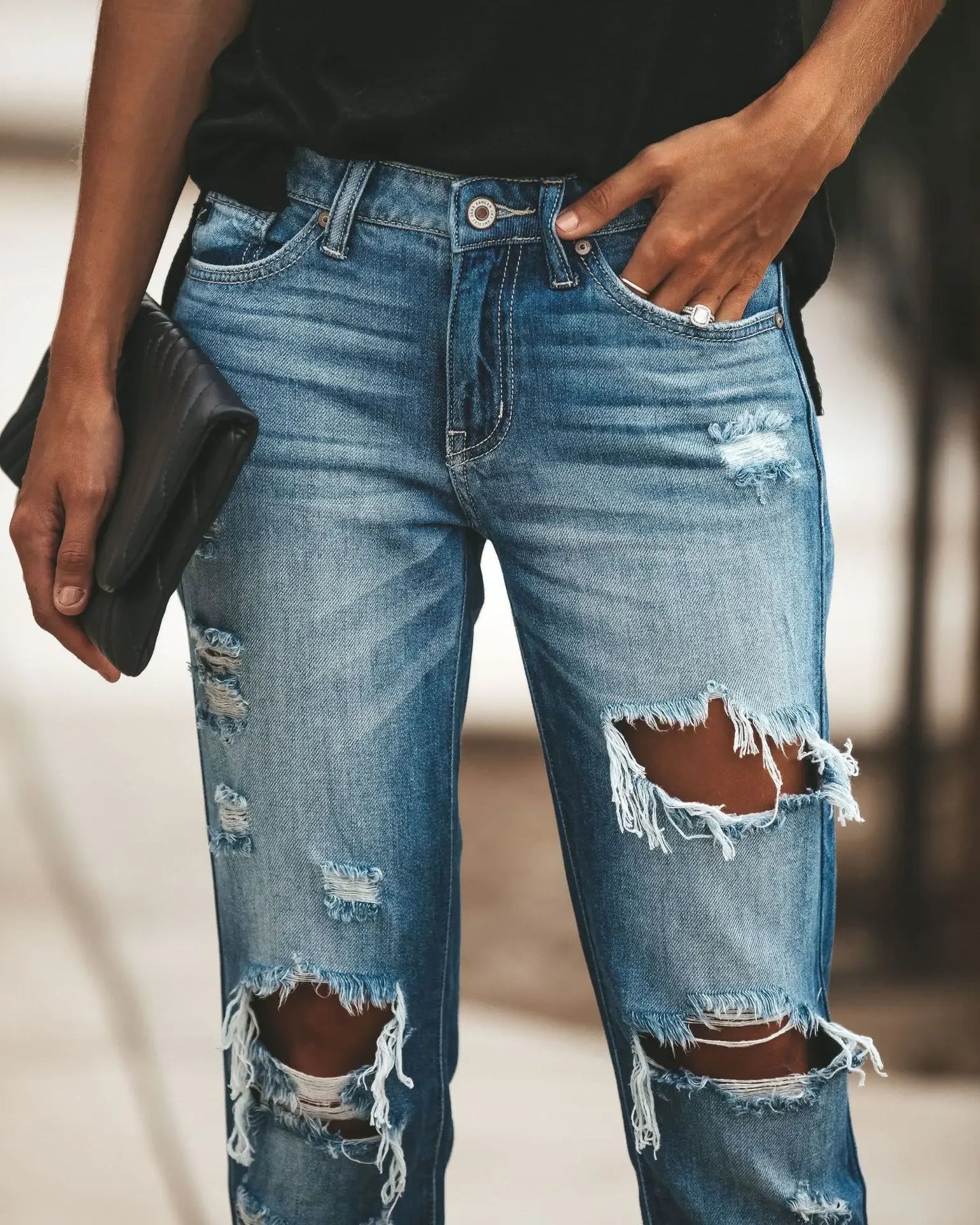 Europe and America Washed Ripped Straight Leg Jeans,Women's Spring Summer Street Style Casual Bleached Long Jeans, Spring Summer