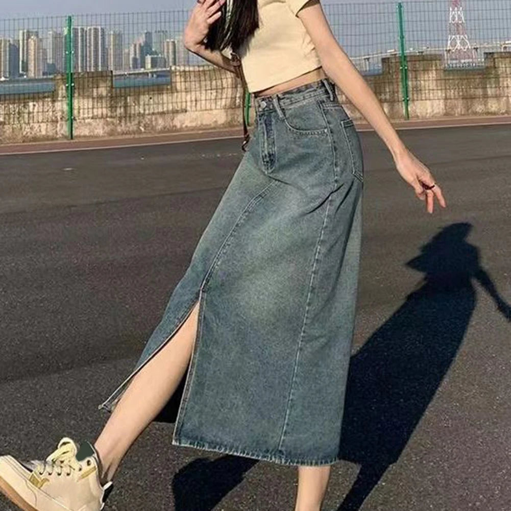 Women's Long Denim-Skirts High Wasit Jeans Skirt Straight Side Split A-line Pencil Skirts Lady Hip-covering Straight Long Skirt