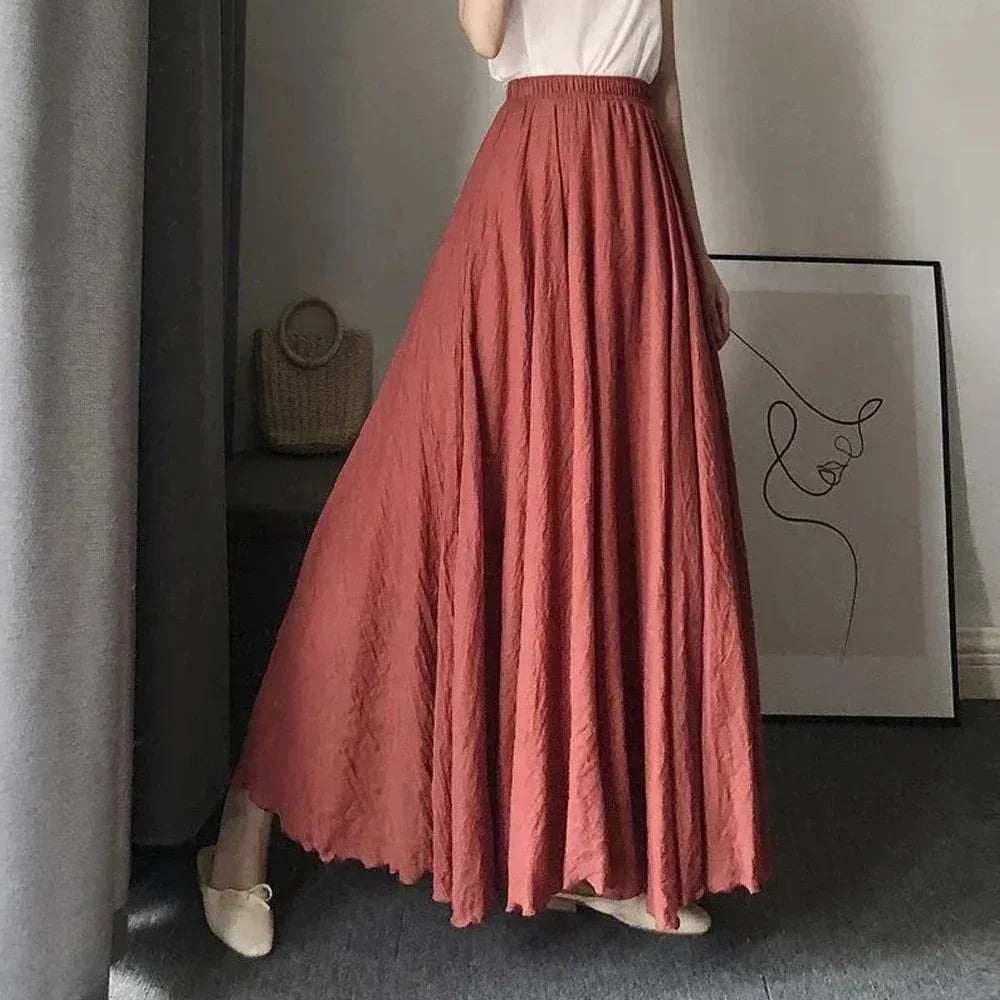 Casual Cotton Linen Effect Pleated Midi Skirt Ladies Elastic Waist A-line Wave Sun Skirt Women Black White Solid Elegant Skirts