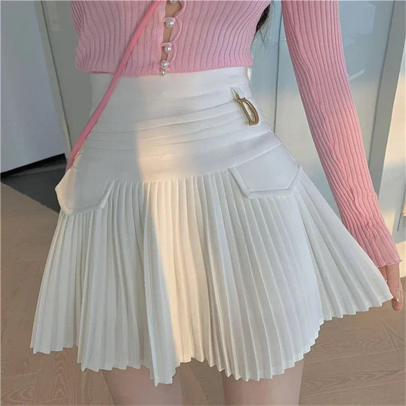 White Pleated Skirt Women  High Waist Skater Skirt Female Korean A-Line High Fashion Casual Short Skirt Women Bottoms