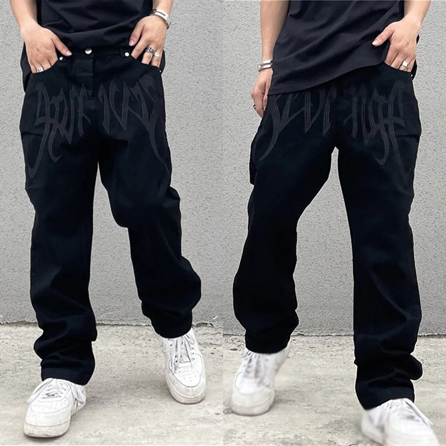 Men Y2K Embroidered High-waisted Straight Baggy Printed Jeans Hip Hop Teenager Boy Streetwear Skateboard Casual denim Trousers