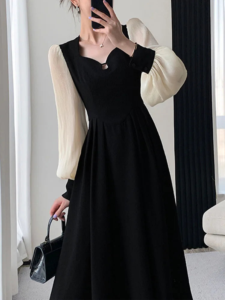 Fashion Dresses for Women Long Sleeve Party French Style Dress Solid Square Collar Midi Zipper 2023 New Spring Summer Dress