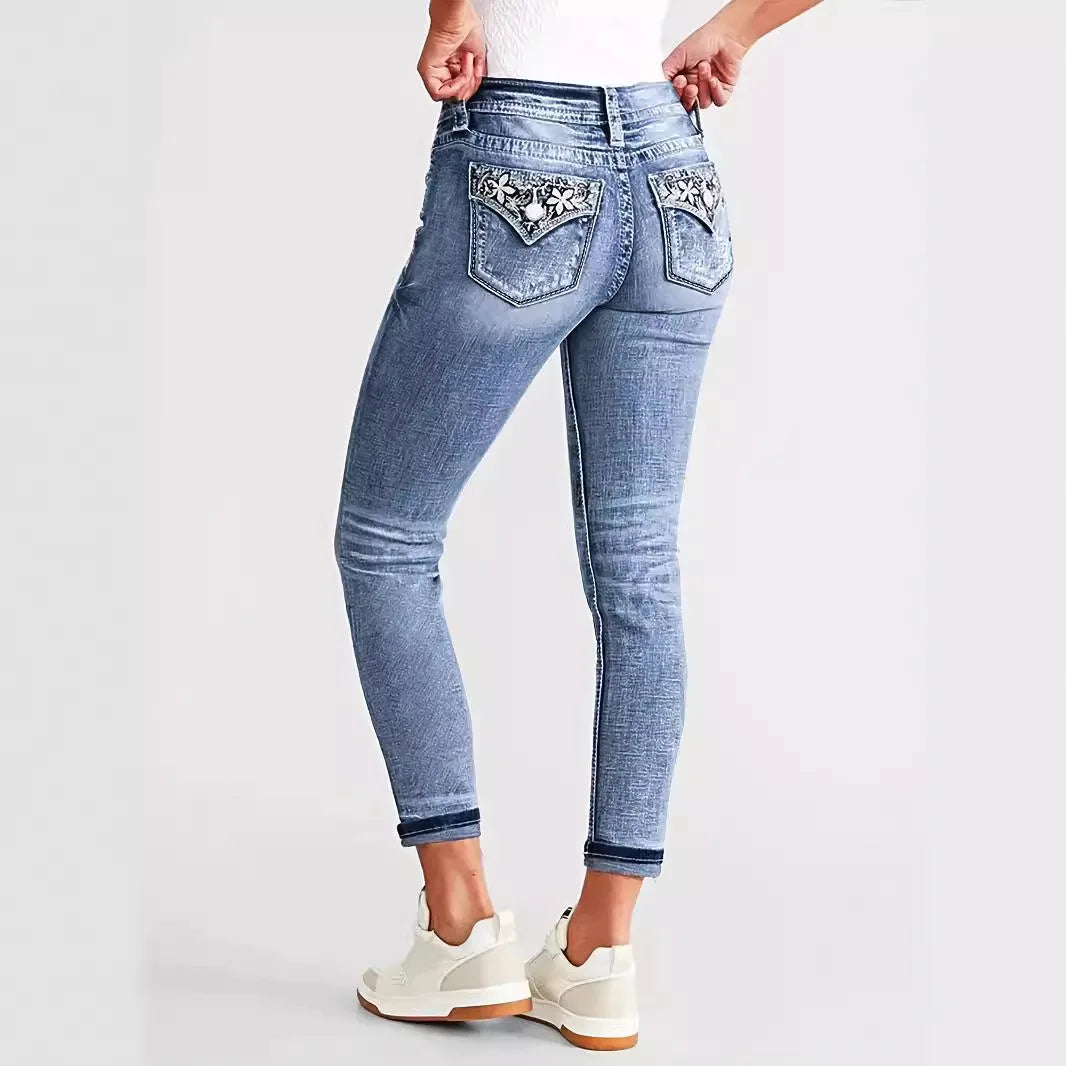 Embroidery Jeans Women High Waist Vintage Stretch Denim Pencil Pants Pockets Ankle Length Trousers Slim Denims 2024 Streetwear