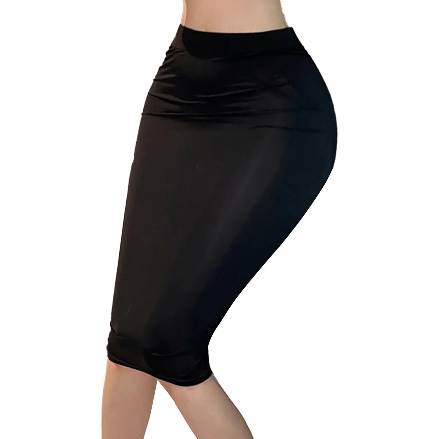 Womens Semi See Through Bodycon Skirt Solid Color High Waist Elastic Waistband Keen Length Skirts Female Festival Club Costume