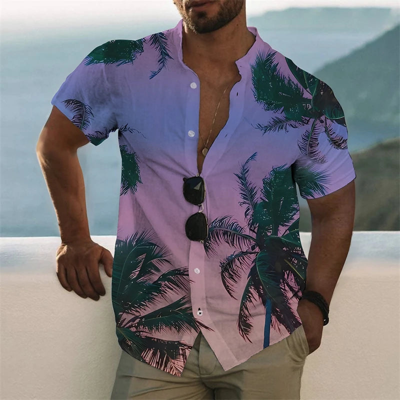 Casual Coconut Tree Graphic Beach Shirts Summer Fashion Short Sleeve Lapel 3D Printed Hawaiian Shirts Mens Loose Vacation Blouse