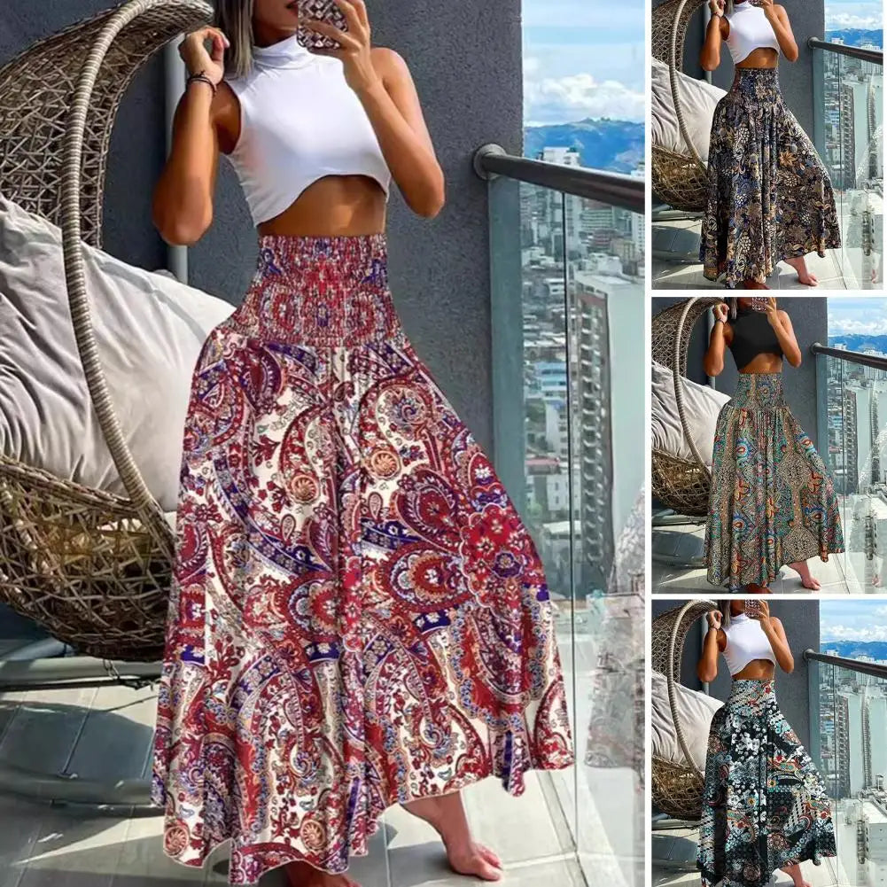 Women Maxi Skirt High Waist Wide Elastic Waist A-Line Retro Printed Skirt Summer Loose Fit Long Skirt Streetwear Платье Maxi