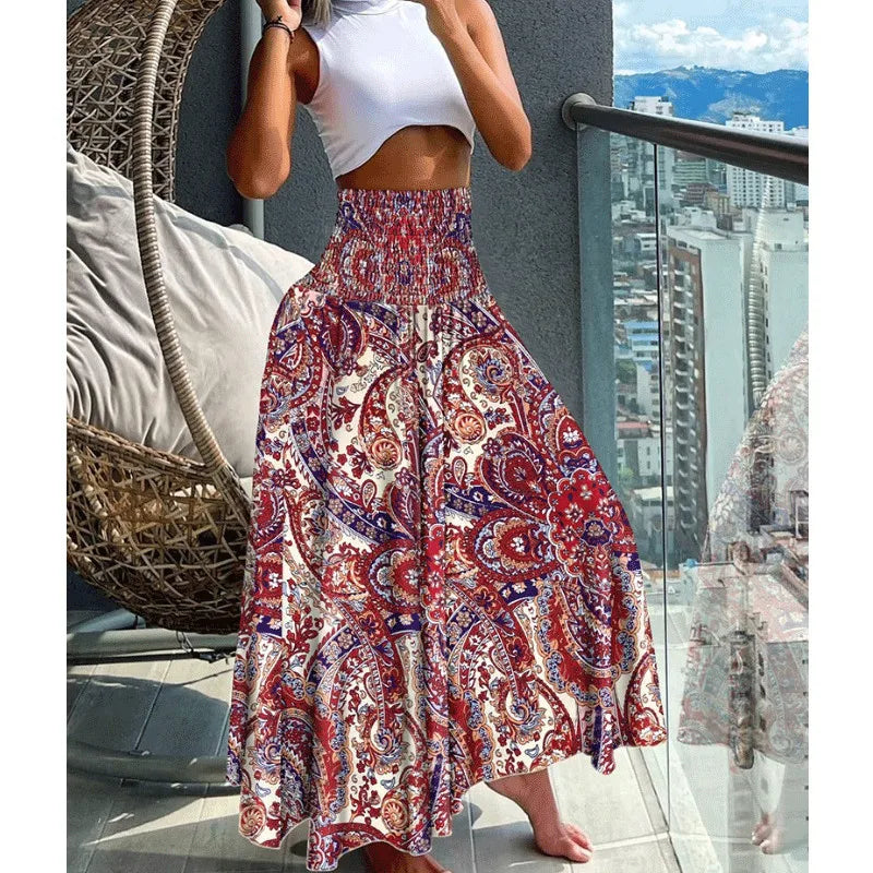 Mandylandy Summer Big Swing Skirts High Waist Slimming Printed Skirt Large Swing Skirt for Women Casual Bohe Streetwear Skirts