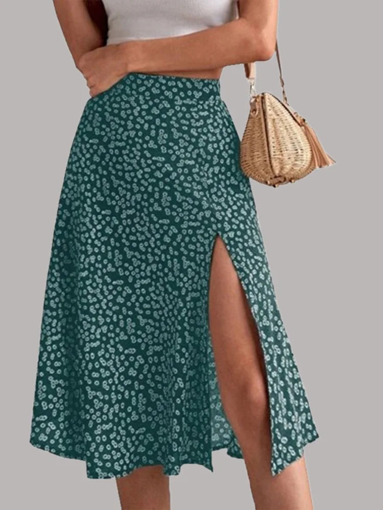 Elegant Printed Skirt Women Sexy Split Mid Skirt Summer Every Day Solid Color Dress Robe