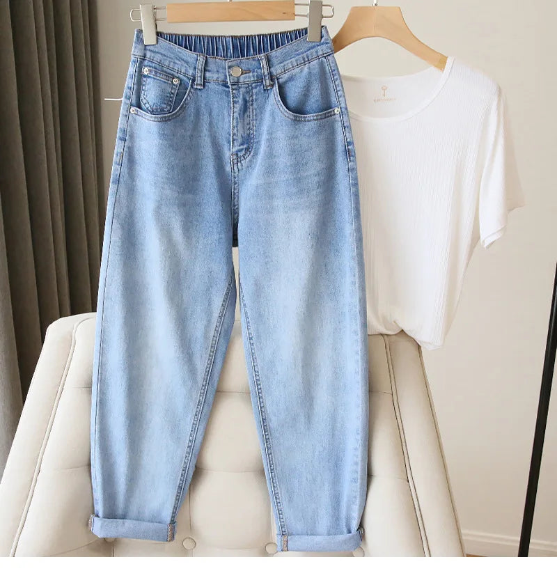 Bleached Jean Ankle Length Straight Denim Pants Women Harem Jeans Pockets Mid Waist Loose Fit Casual Solid Washed 2024