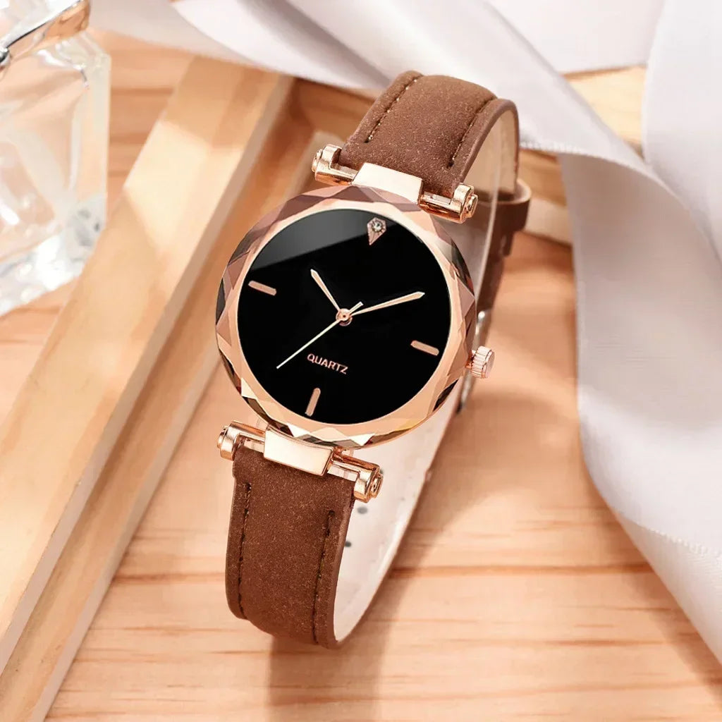 2024 Luxury Fashion Women Watch Set PU Leather Strap Ladies Quartz Wristwatch Rhinestone RoseGold Alloy Bracelet for Ladies Gift