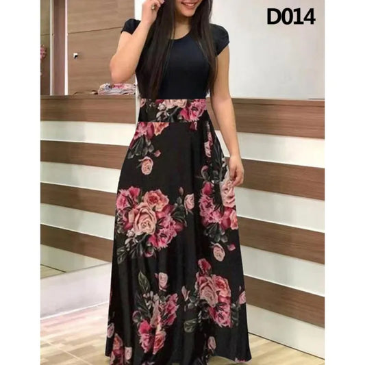 Women Floral Dot Print Patchwork Long Dress Summer Casual Short Sleeve O-Neck High Waist Robe Boho Beach Maxi Sundress Vintage