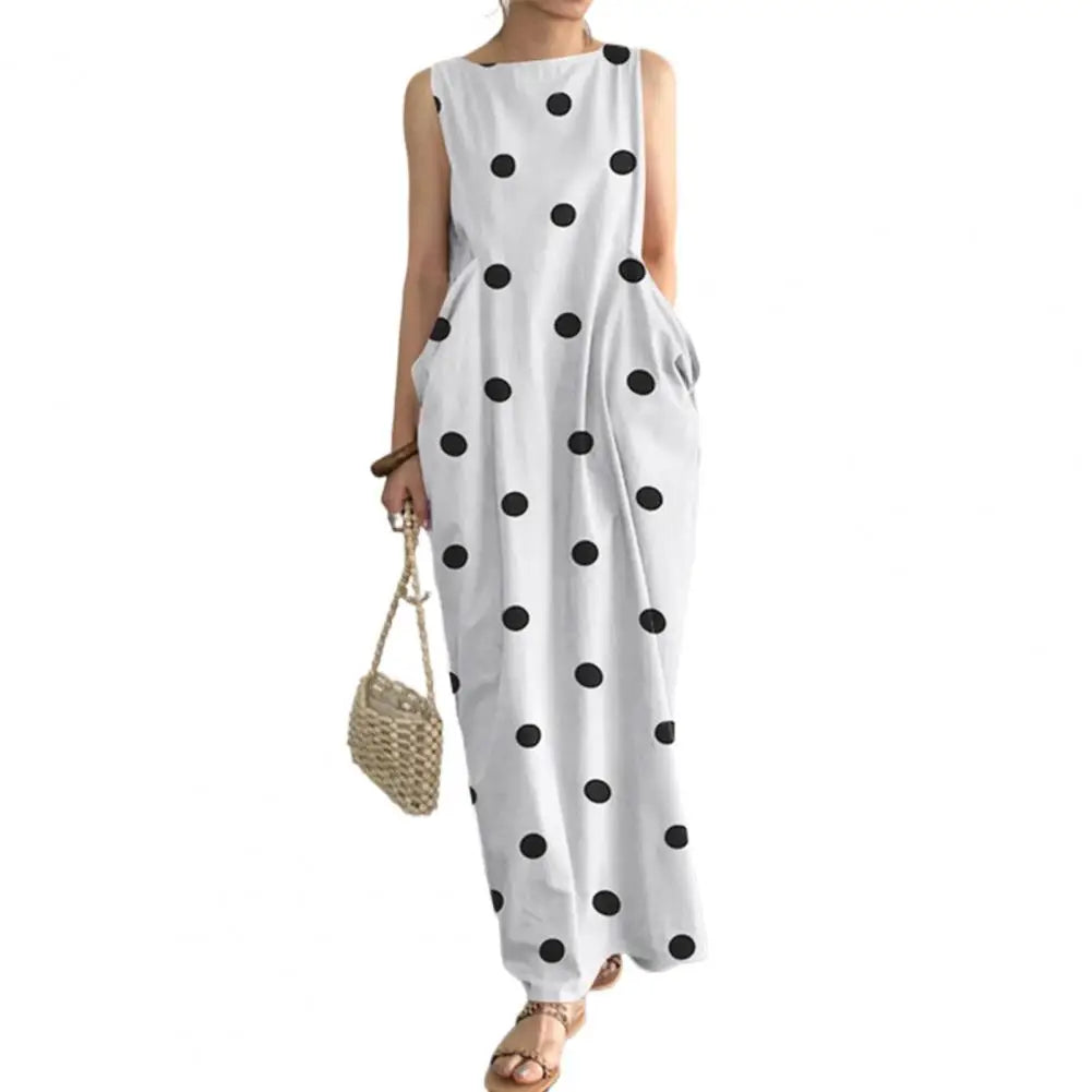 Loose Maxi Dress Summer Maxi Dress with Dot Print O Neck Big Pockets for Women Soft Ankle Length Beach