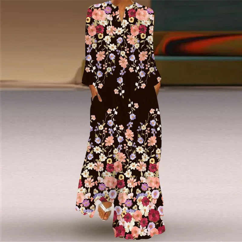 Elegant Bohemian Retro Ethnic Style Large Swing Long Dress 2024 New Women's V-neck Long Sleeved Pocket Printed Loose Dress Femme