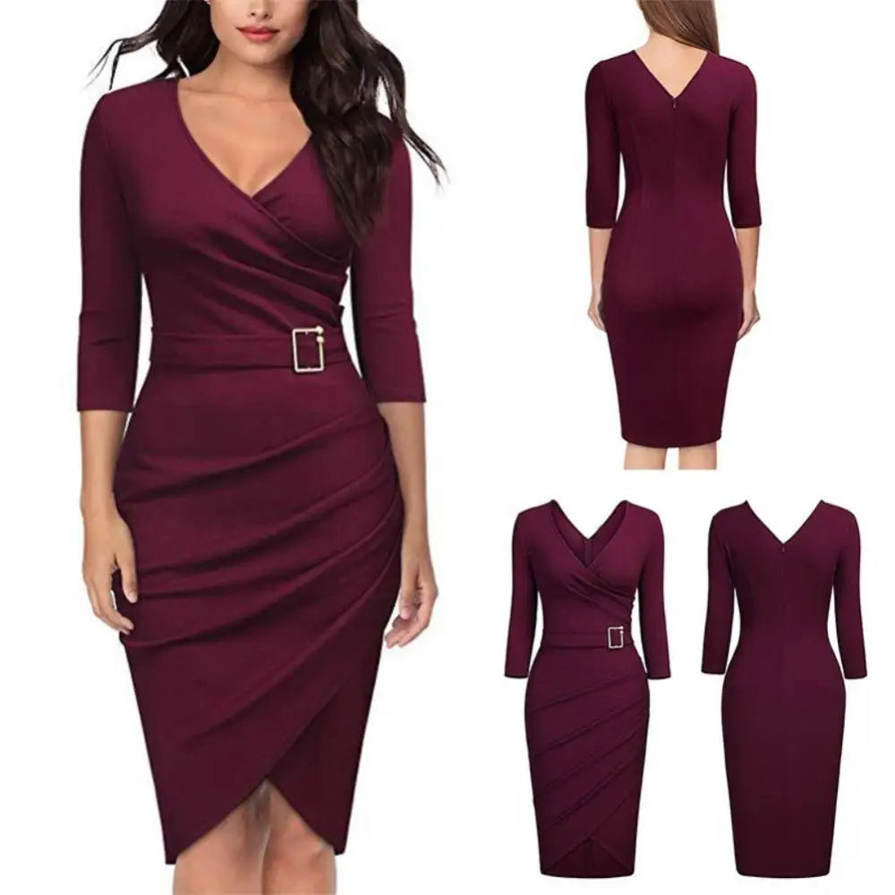 Hot apparel summer Solid Color Women V Neck 3/4 Sleeve High Waist Belted Irregular Pencil Dress