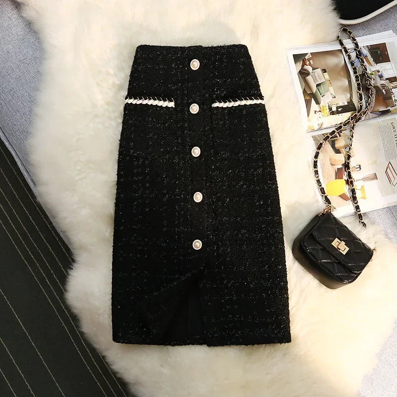 Black White Tweed Long Skirts Women Autumn Winter New Bright Silk Skirt Female Vintage High Waist A-line Wrap Skirt Office Lady