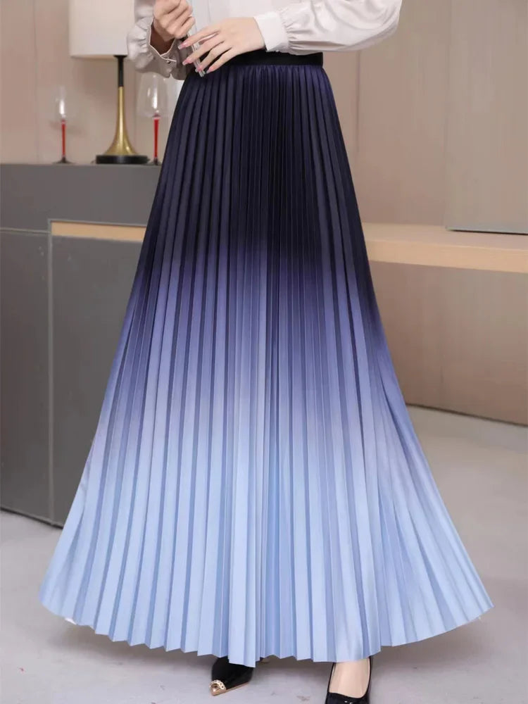 Floor-Length Long Pleated Skirt Women Gradient Color Lengthen Maxi Skirt Women Casual Patchwork Elegant Skirt Female