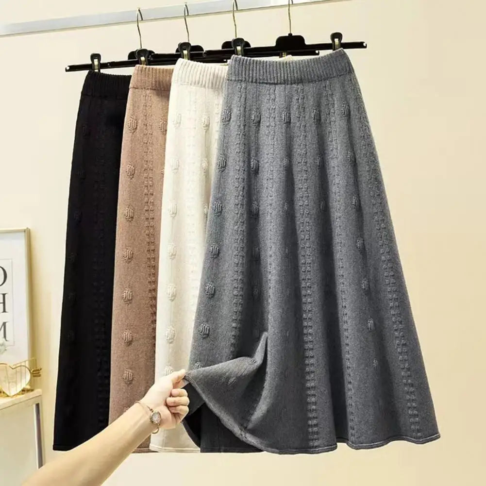 Casual Knit Skirt Large Hem Skirt Elegant Women's Knitting Skirt with High Waist A-line Design Solid Color Jacquard for Autumn