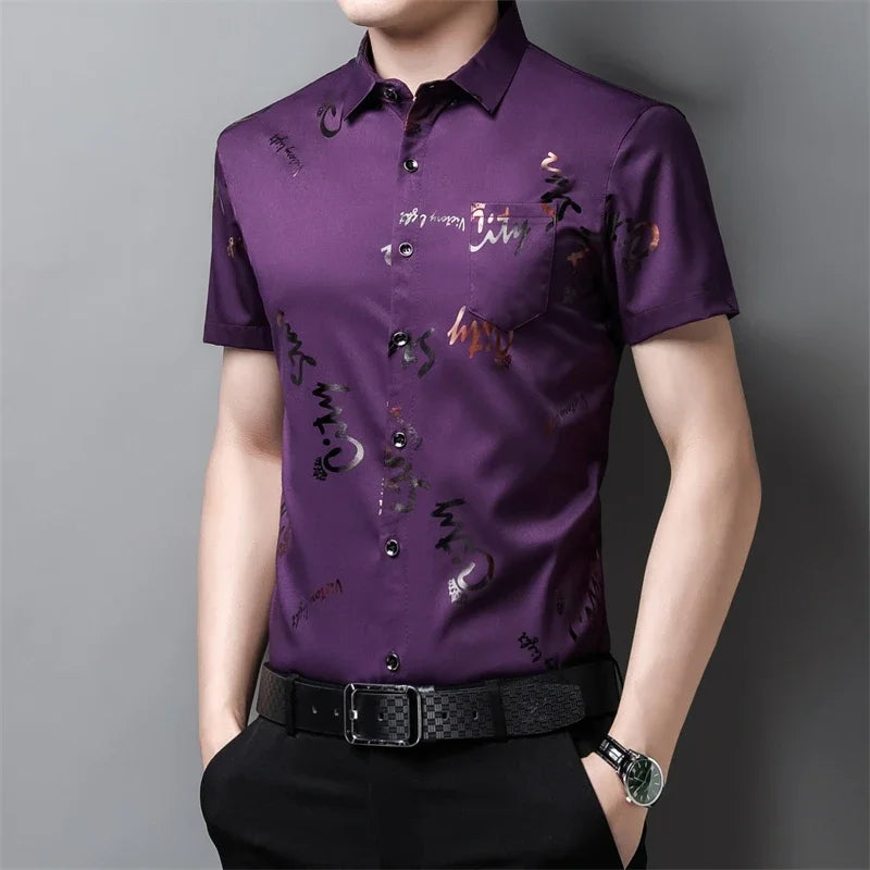 Men's Casual and Fashionable Short Sleeved Printed Shirt Wrinkle Resistant Business Top Without Ironing