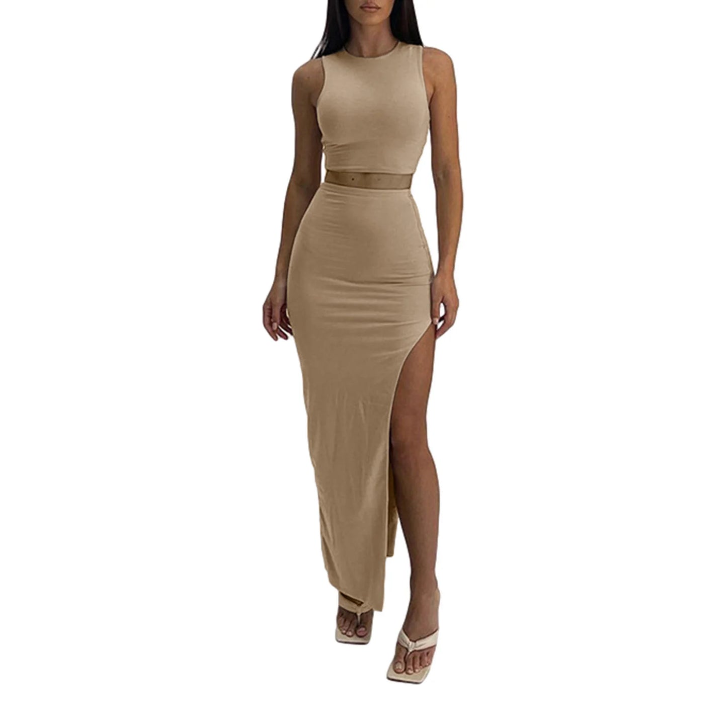 Women Summer 2 Pieces Outfits Solid Color Crew Neck Sleeveless Tank Tops Wrapped Hip High Slit Long Skirts Set