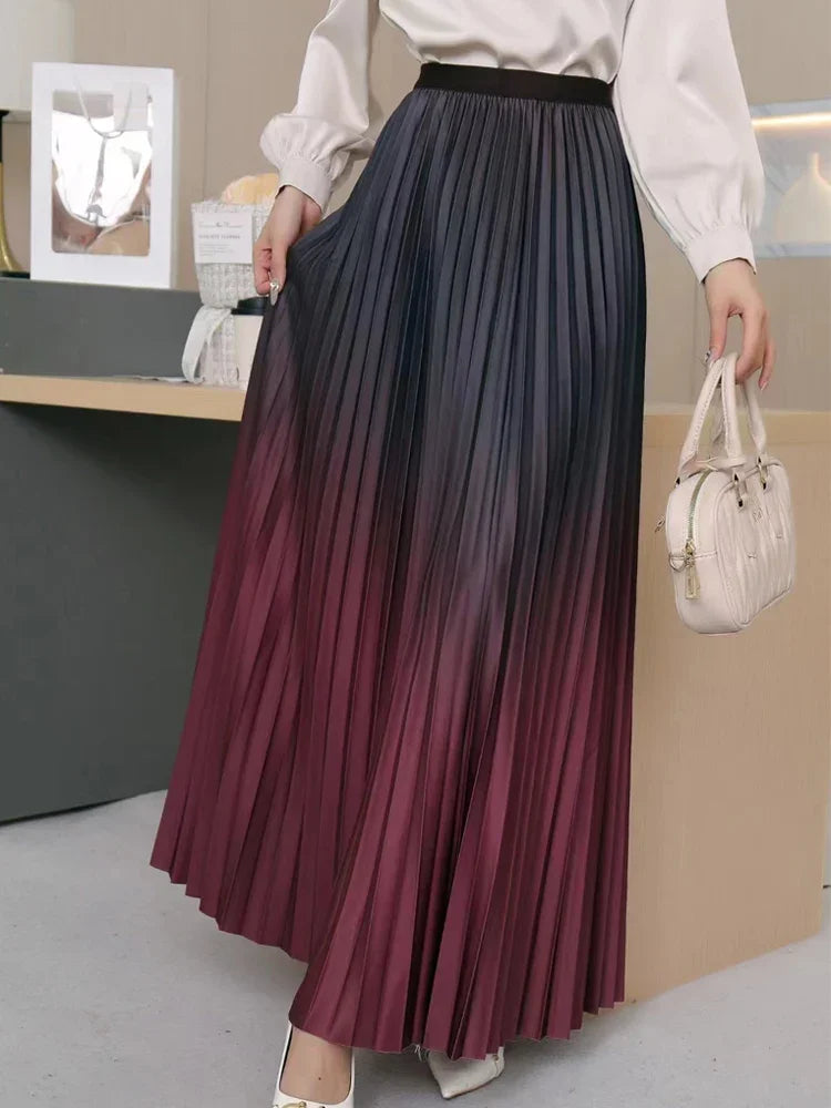 Floor-Length Long Pleated Skirt Women Gradient Color Lengthen Maxi Skirt Women Casual Patchwork Elegant Skirt Female