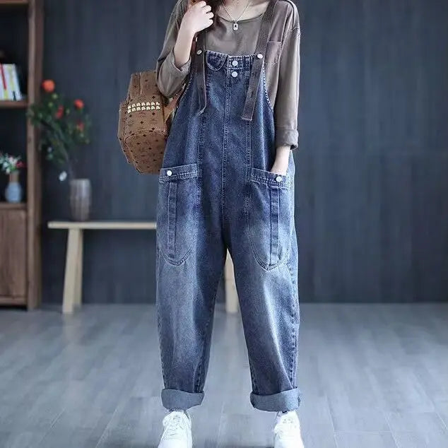 Bleached Jeans Ankle Length Women Overalls Washed Loose Fit Denim Harem Pants Spliced Pockets High Street Jean Solid 2024