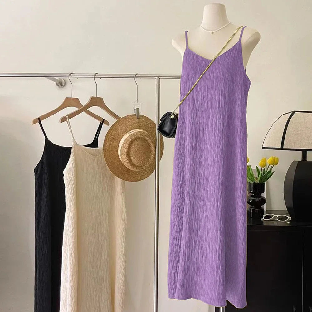 Office Lady Sleeveless Pleated Midi Dress Women Size S-XL Pink Purple White Black Casual Basic Knitted Folds Dresses Girl's