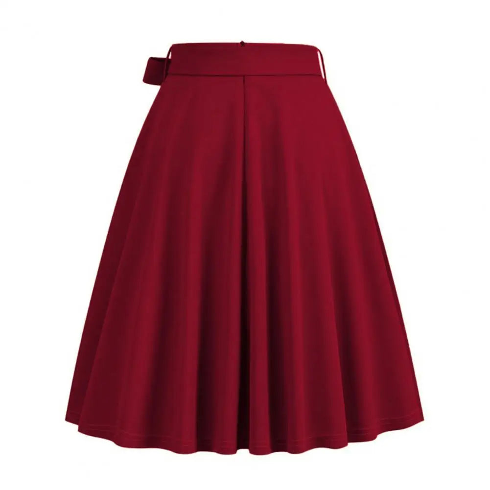 High Waist Ruffle Women Skirt Belted Tight Waist Bow Decor A-line Big Swing Summer Party Midi Skirt