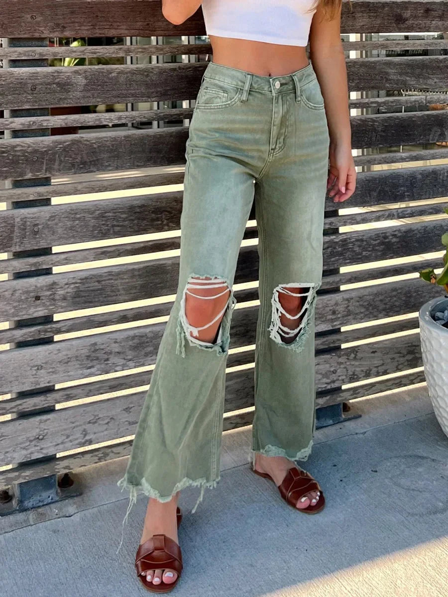 Jeans Women Denim Pants Long Pant Hole Straight Trousers Casual Loose Mom Elegant Splice High Waist Simple Autumn Summer