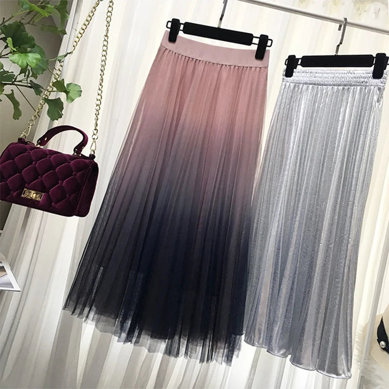 Long Tulle Skirt Women 2019 Autumn Gradient Korean Elegant High Waist A-line Pleated School Midi Skirt Female