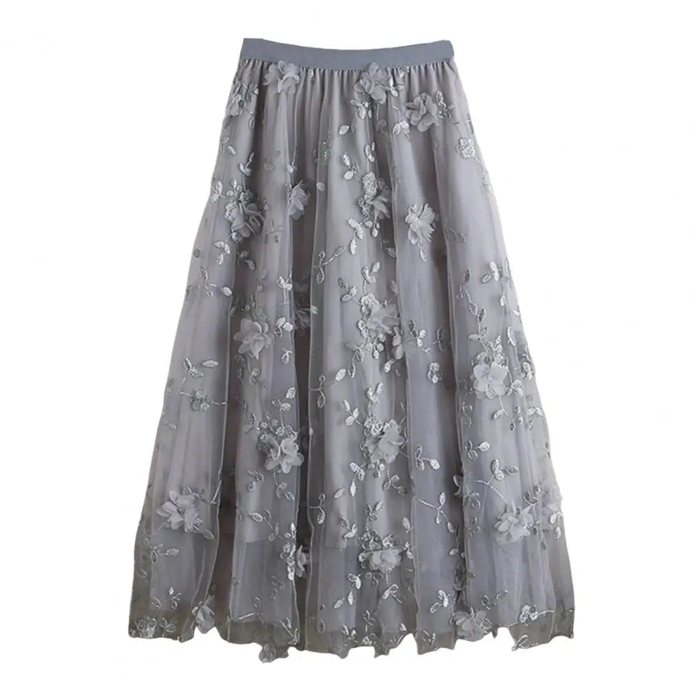 Women High Waist Midi Skirt Elegant Floral Embroidery Mesh Midi Skirt with Double Layered Tulle High Waist A-line for Women