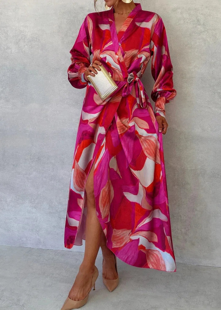 Pink Printed Women's Long Sleeved Dress Autumn New V-neck Cross Tie Lantern Sleeve Irregular Women's Long Dress 2024 Vestido