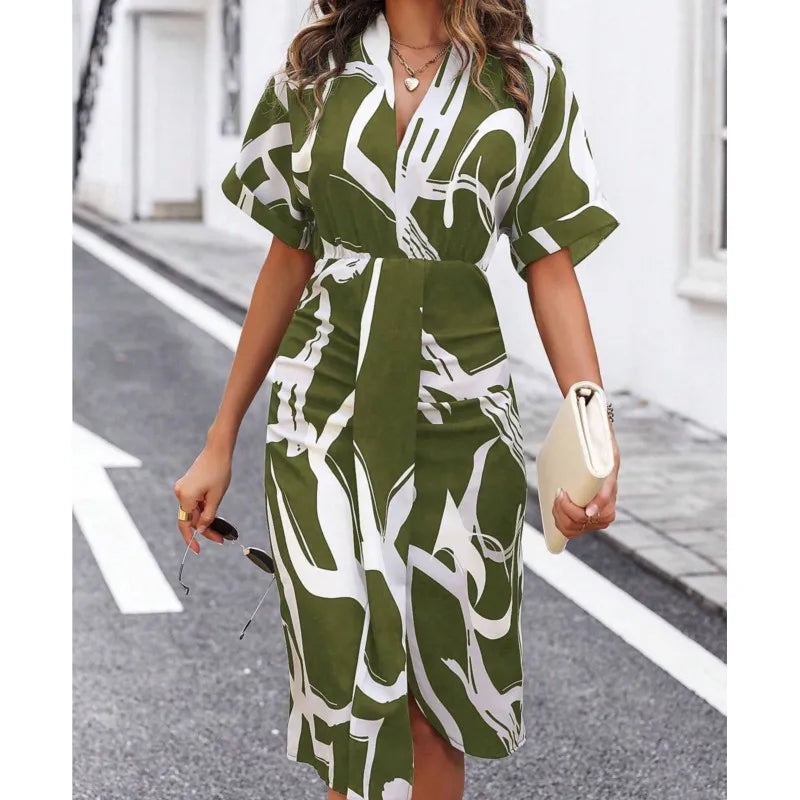 2024 Summer Fashion Printed V Neck Short Sleeved Slim Fit Dresses for Women Elegant Irregular Hips Wrap Female Office Midi Dress