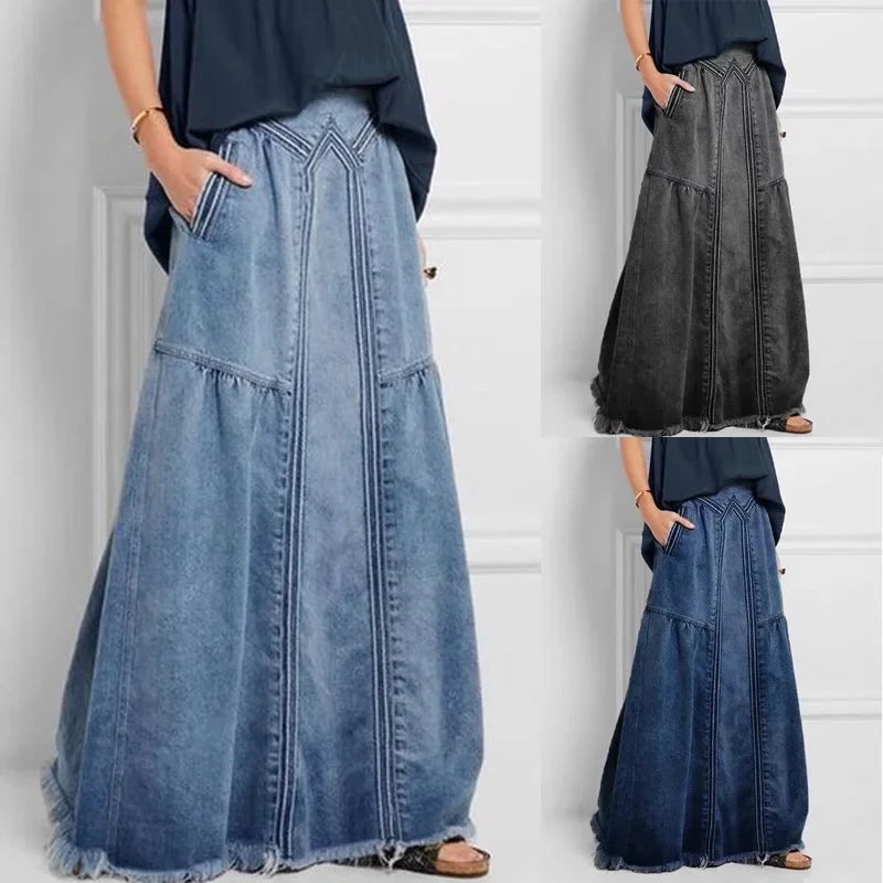 Women Denim Long Skirts Loose A Line Elastic High Waist Skirt Solid Pockets Jeans Casual Elegant Office Lady Autumn 2024